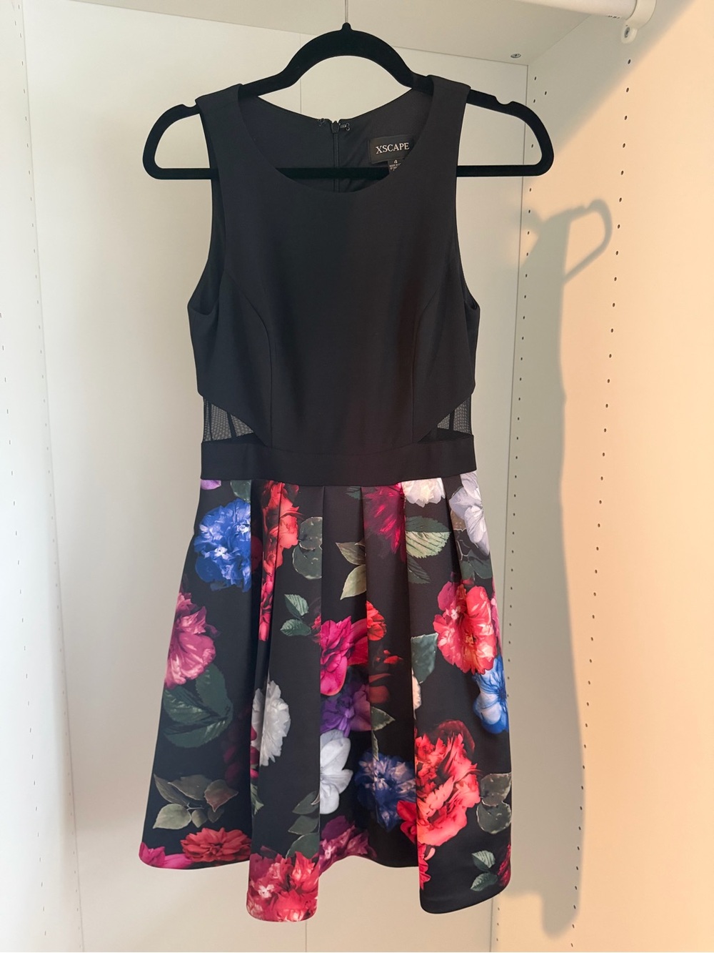 Xscape Black Floral Fit & Flare Cocktail Dress Mesh Cutouts with Pocket Size 4